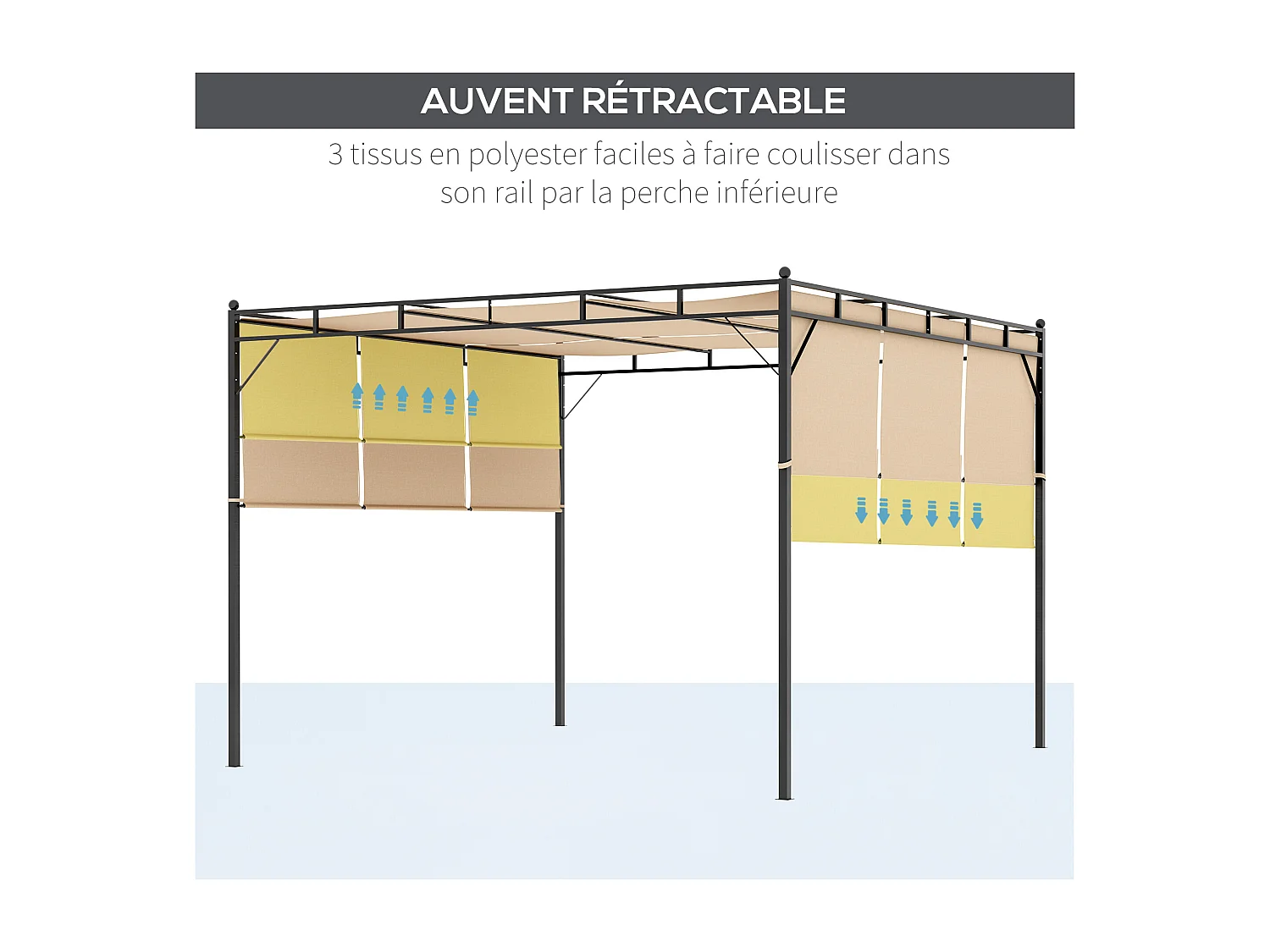 Pergola rétractable dim. 3L x 3l x 2,2H m structure acier époxy anticorrosion noir triple toile polyester haute densité beige