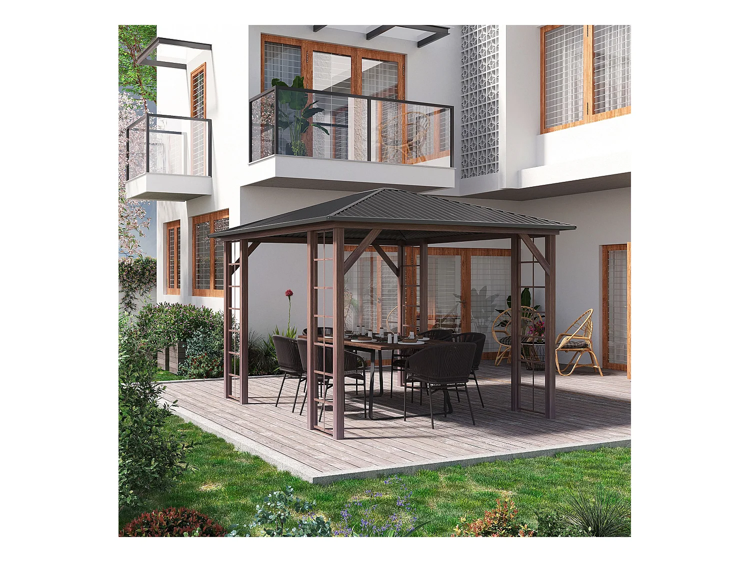 Pergola pavillon de jardin avec toit rigide imperméable - dim. 364L x 299l x 280H cm - métal aspect bois gris foncé