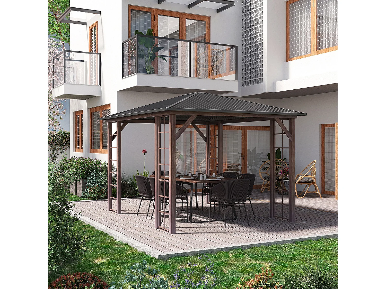 Pergola pavillon de jardin avec toit rigide imperméable - dim. 364L x 299l x 280H cm - métal aspect bois gris foncé