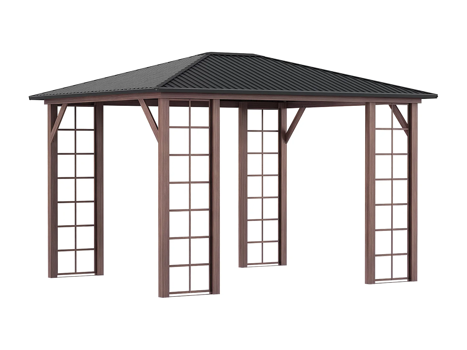 Pergola pavillon de jardin avec toit rigide imperméable - dim. 364L x 299l x 280H cm - métal aspect bois gris foncé