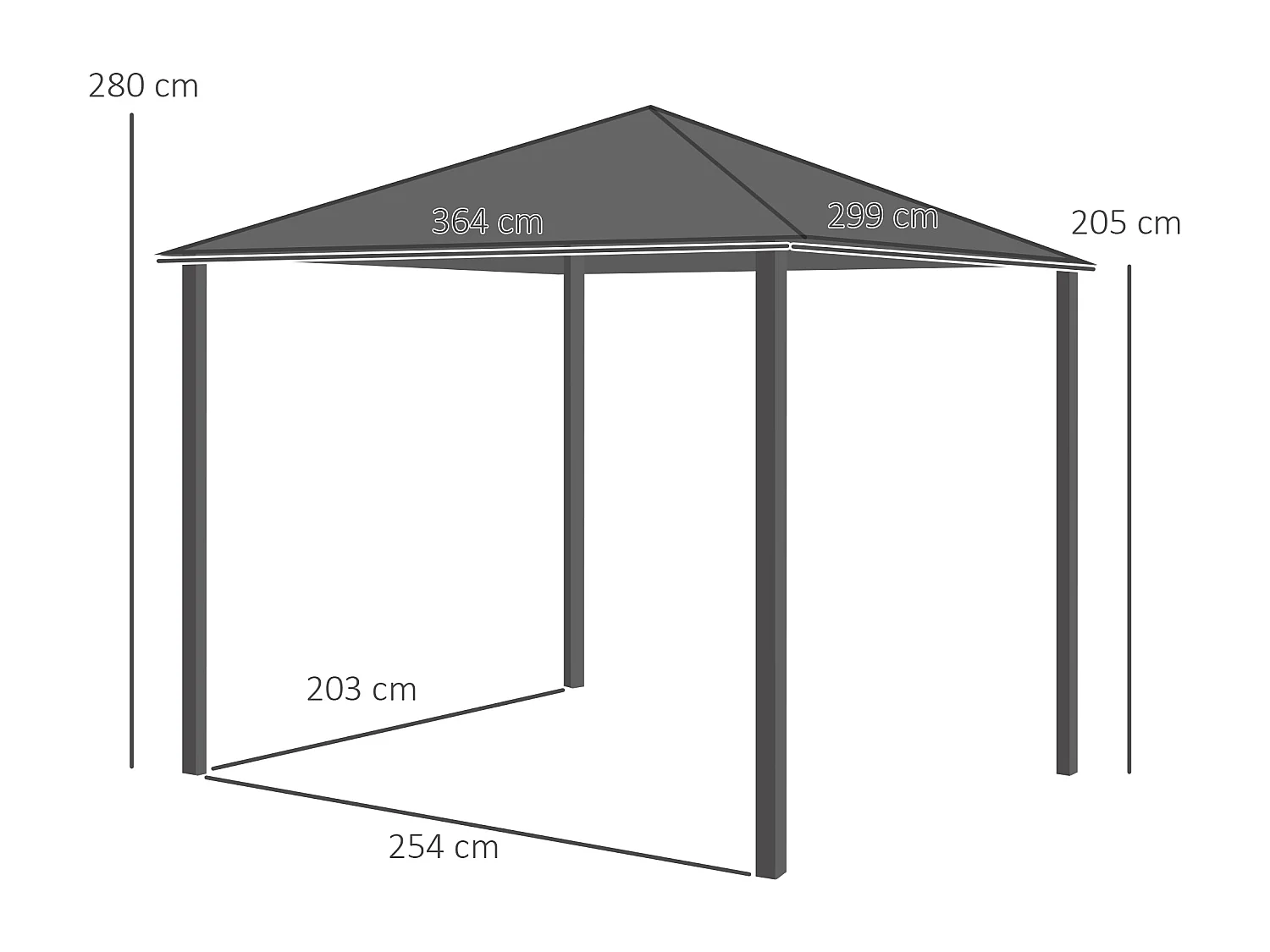 Pergola pavillon de jardin avec toit rigide imperméable - dim. 364L x 299l x 280H cm - métal aspect bois gris foncé