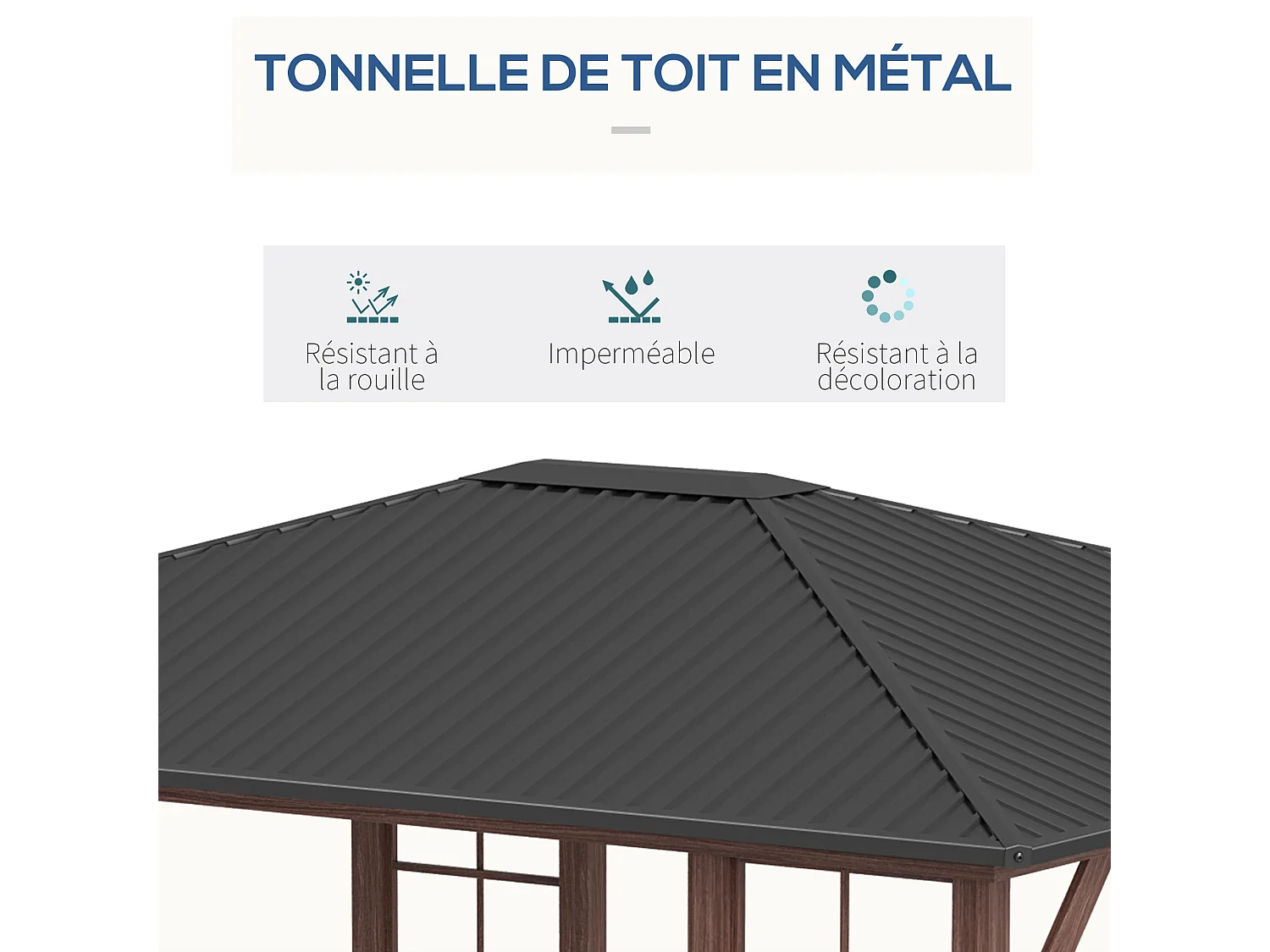 Pergola pavillon de jardin avec toit rigide imperméable - dim. 364L x 299l x 280H cm - métal aspect bois gris foncé