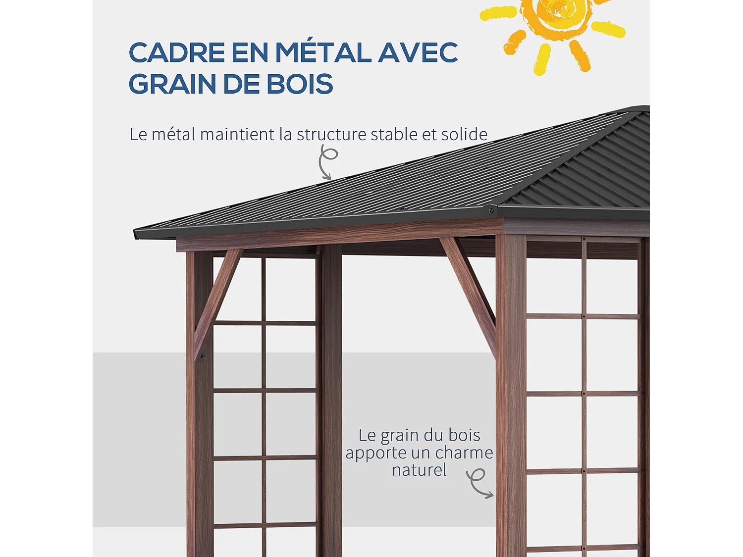 Pergola pavillon de jardin avec toit rigide imperméable - dim. 364L x 299l x 280H cm - métal aspect bois gris foncé