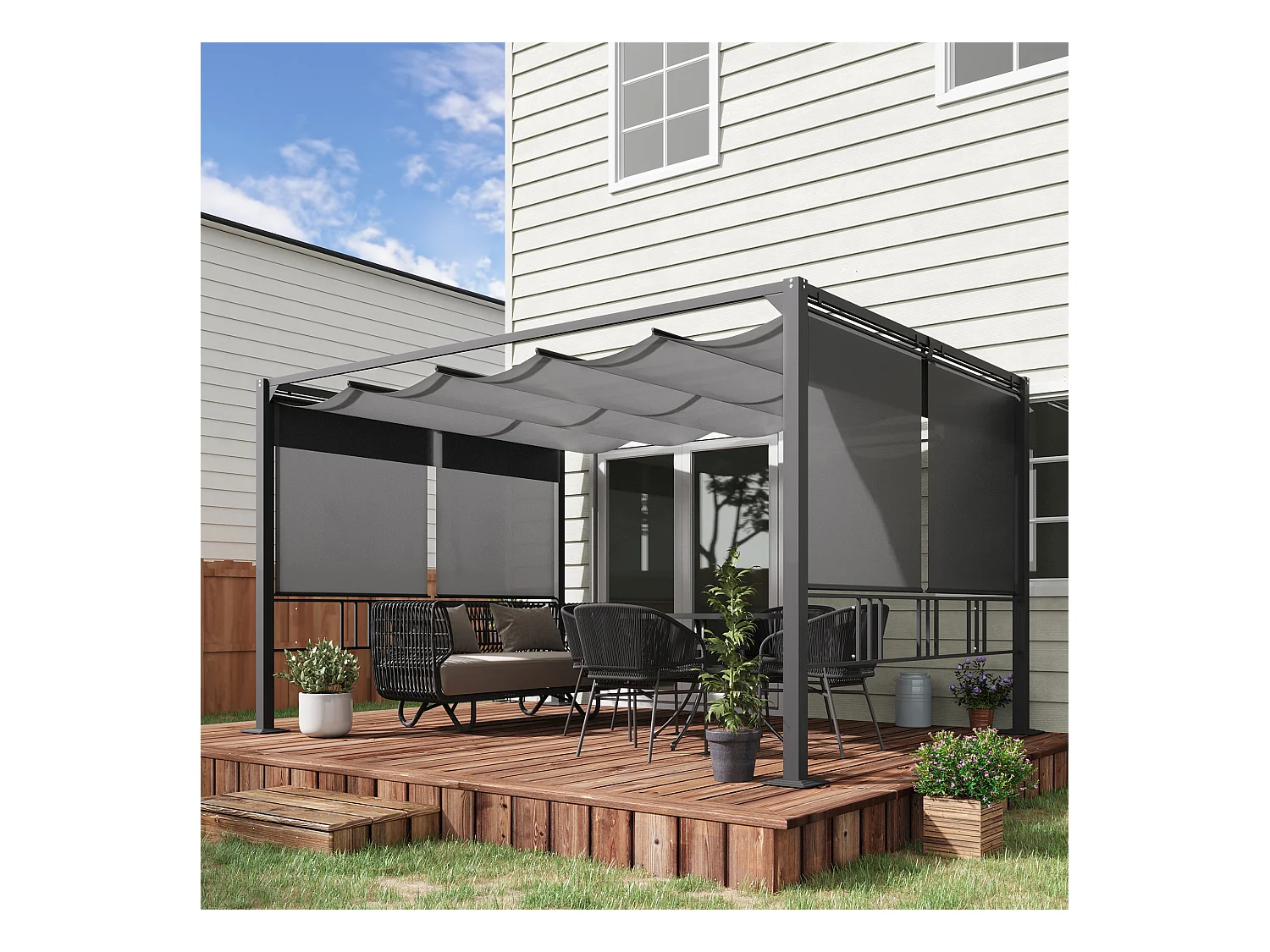 Pergola rétractable 3,9L x 2,9l x 2,2H m structure alu. acier époxy noir double toile polyester haute densité gris