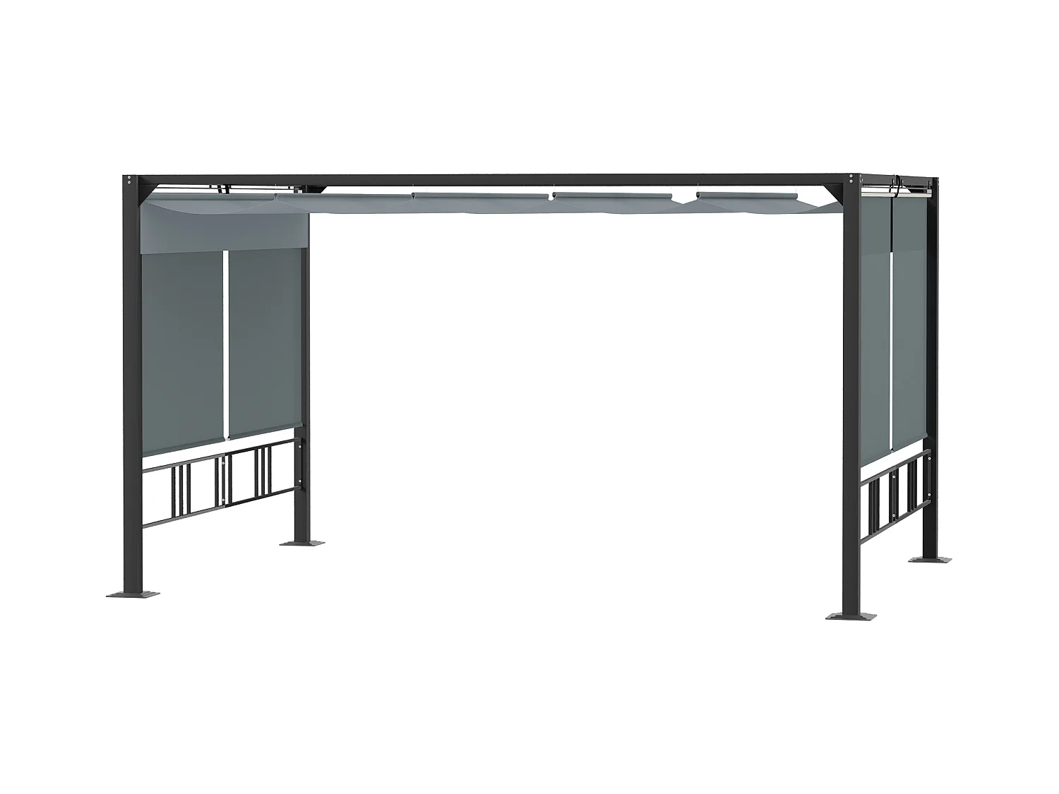Pergola rétractable 3,9L x 2,9l x 2,2H m structure alu. acier époxy noir double toile polyester haute densité gris