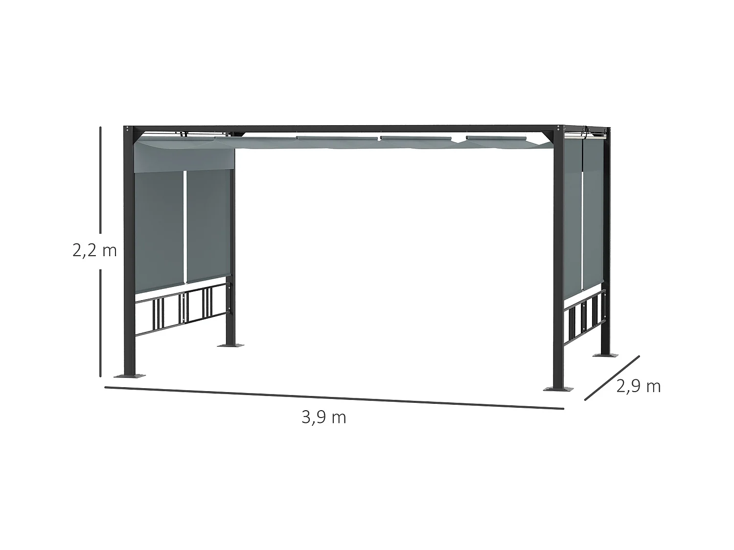 Pergola rétractable 3,9L x 2,9l x 2,2H m structure alu. acier époxy noir double toile polyester haute densité gris