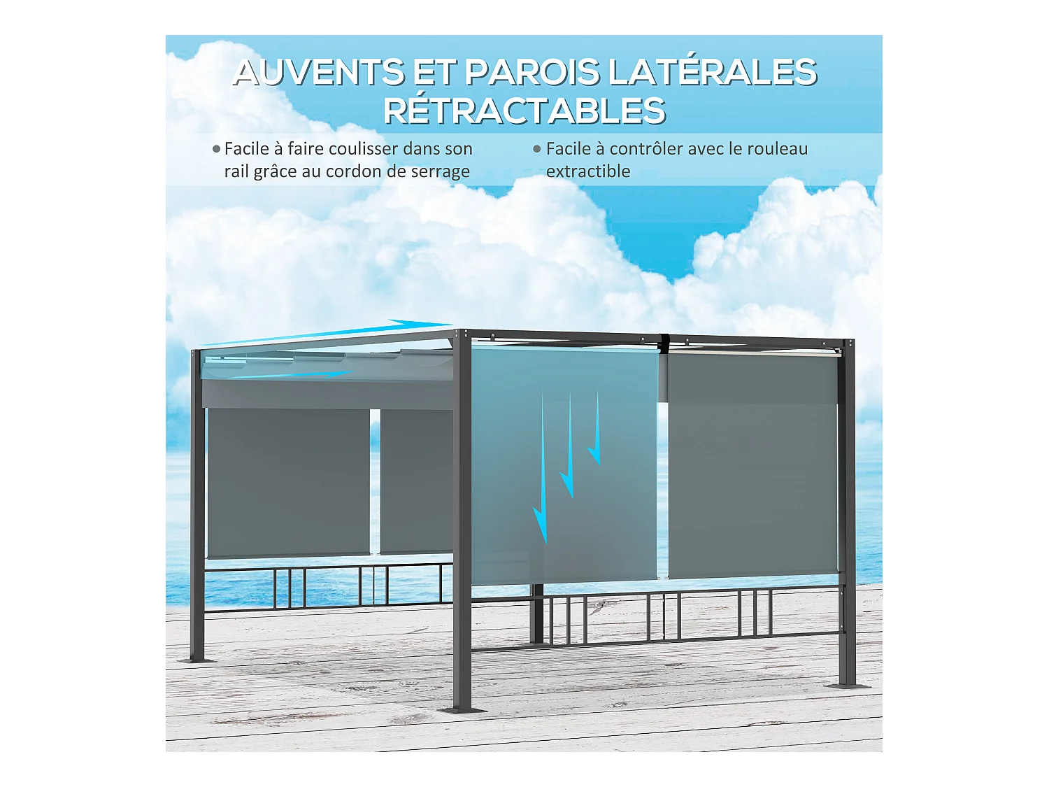 Pergola rétractable 3,9L x 2,9l x 2,2H m structure alu. acier époxy noir double toile polyester haute densité gris