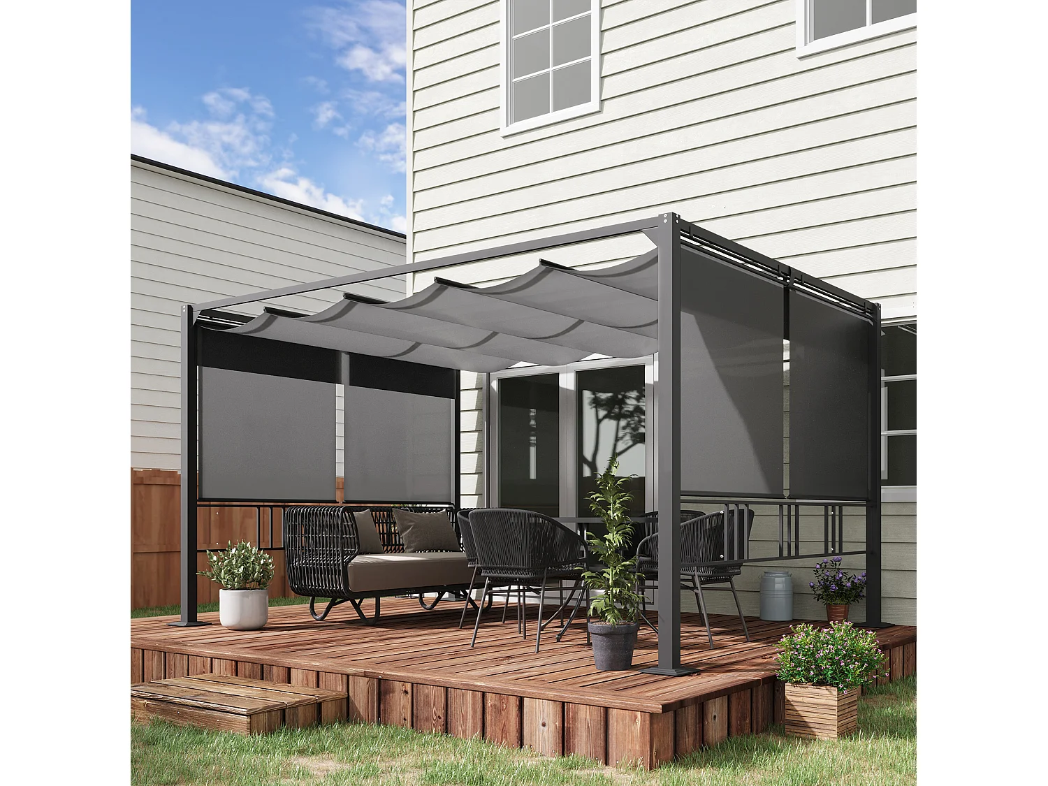 Pergola rétractable 3,9L x 2,9l x 2,2H m structure alu. acier époxy noir double toile polyester haute densité gris