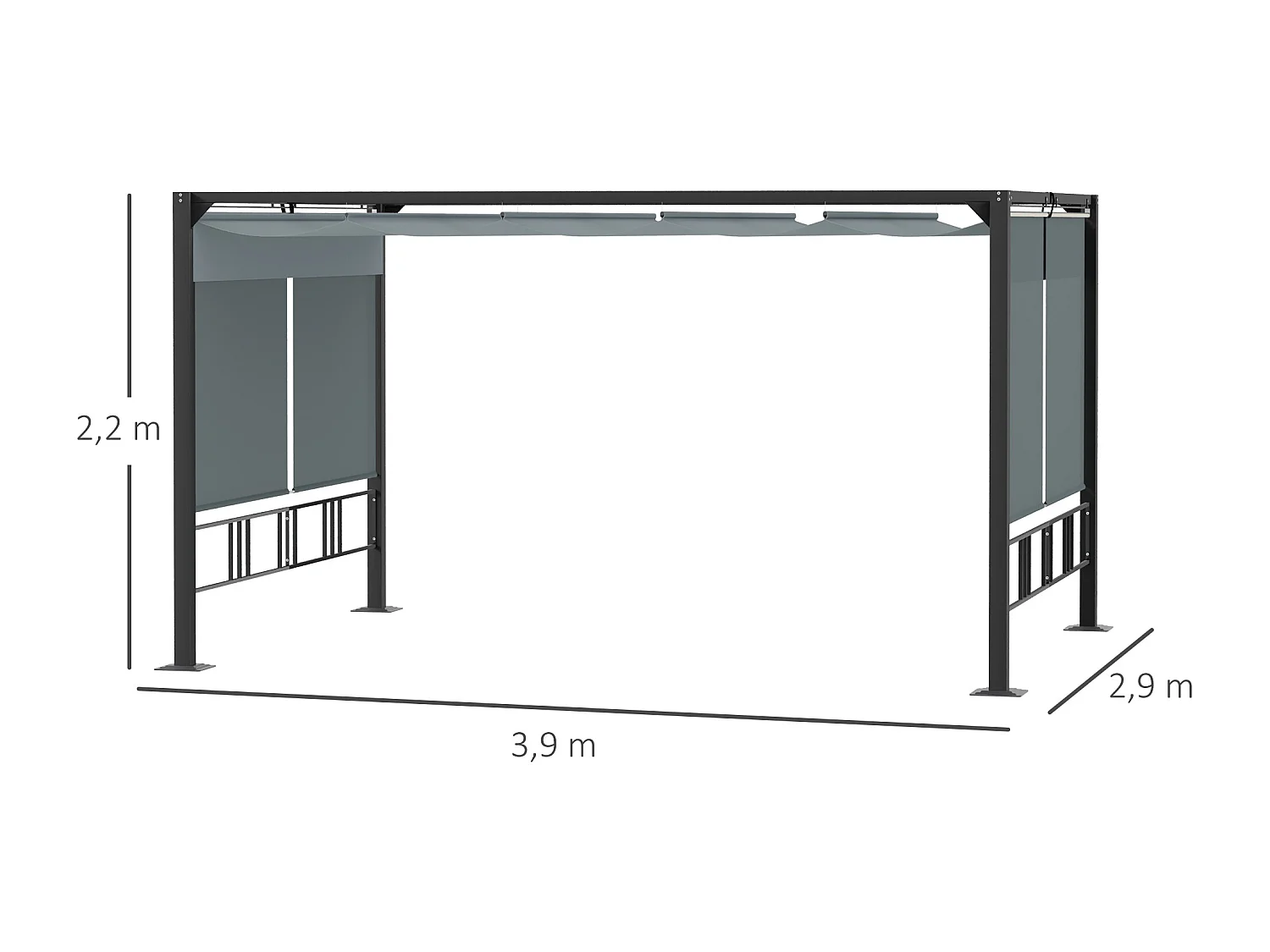 Pergola rétractable 3,9L x 2,9l x 2,2H m structure alu. acier époxy noir double toile polyester haute densité gris