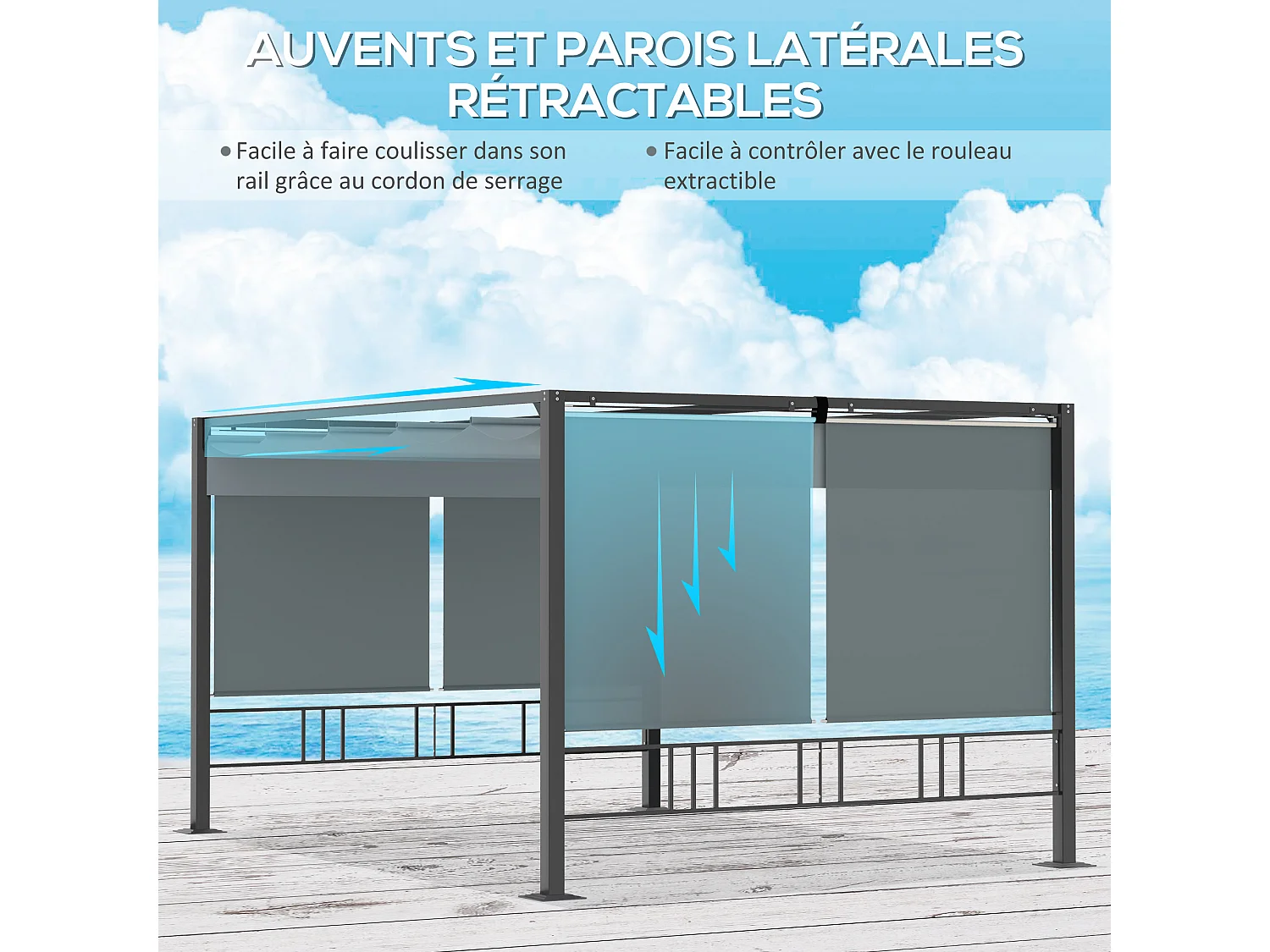 Pergola rétractable 3,9L x 2,9l x 2,2H m structure alu. acier époxy noir double toile polyester haute densité gris
