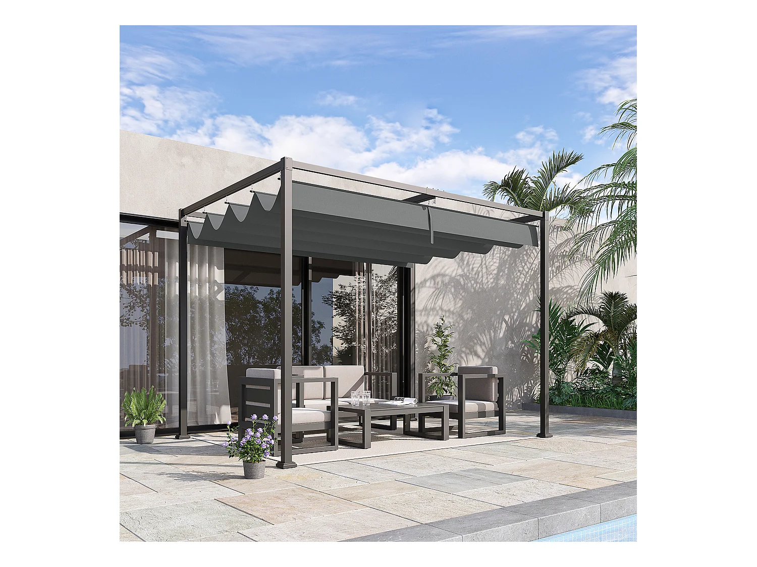 Pergola rétractable 2,98L x 2,13l x 2,22H m structure métal époxy anticorrosion toile polyester haute densité 180 g/m² incluse gris