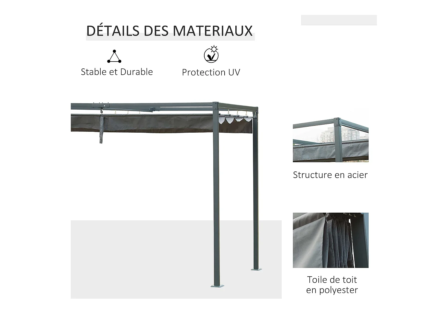 Pergola rétractable 2,98L x 2,13l x 2,22H m structure métal époxy anticorrosion toile polyester haute densité 180 g/m² incluse gris