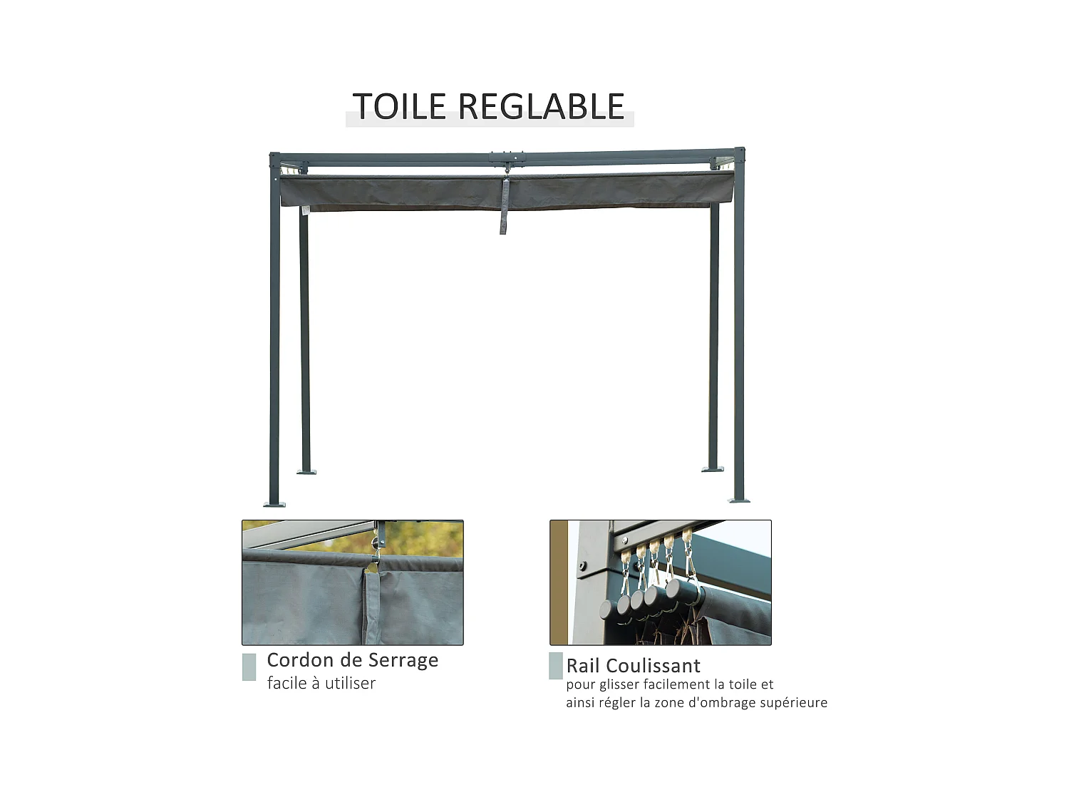 Pergola rétractable 2,98L x 2,13l x 2,22H m structure métal époxy anticorrosion toile polyester haute densité 180 g/m² incluse gris