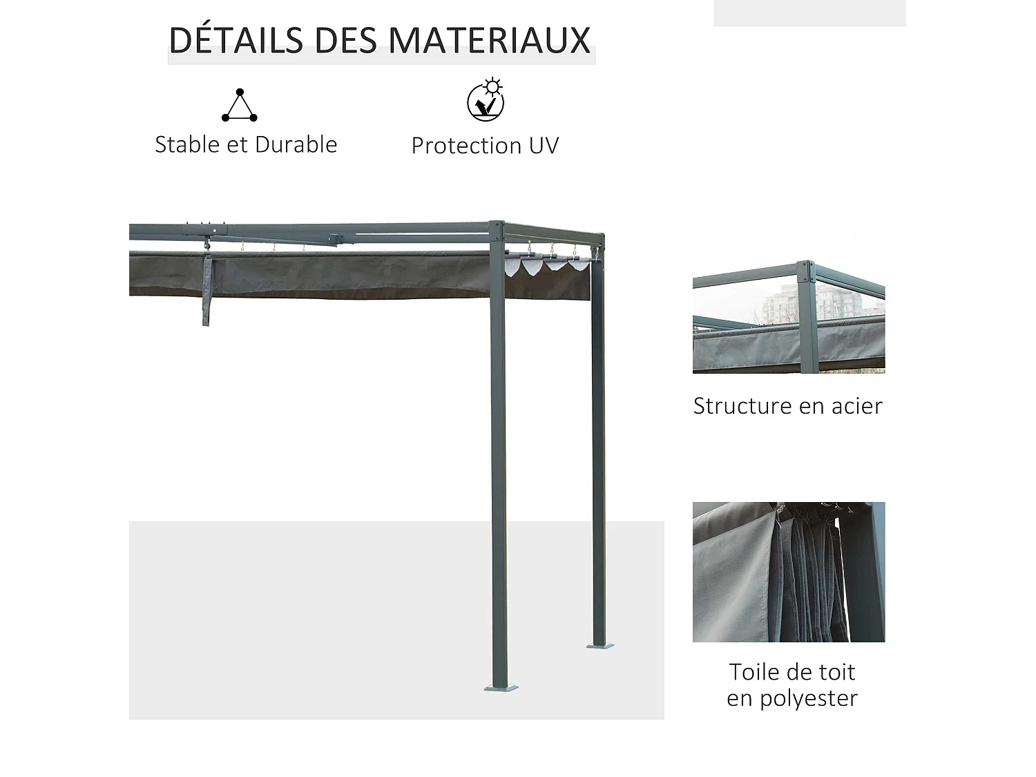 Pergola rétractable 2,98L x 2,13l x 2,22H m structure métal époxy anticorrosion toile polyester haute densité 180 g/m² incluse gris