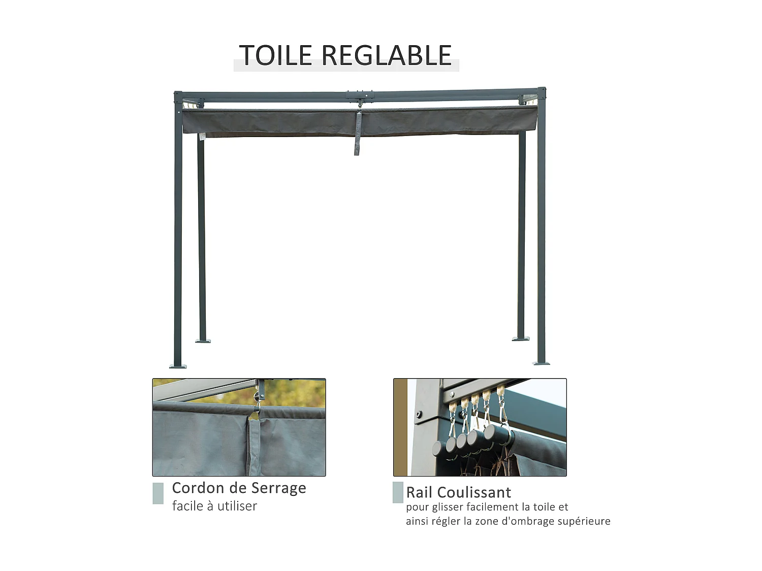 Pergola rétractable 2,98L x 2,13l x 2,22H m structure métal époxy anticorrosion toile polyester haute densité 180 g/m² incluse gris
