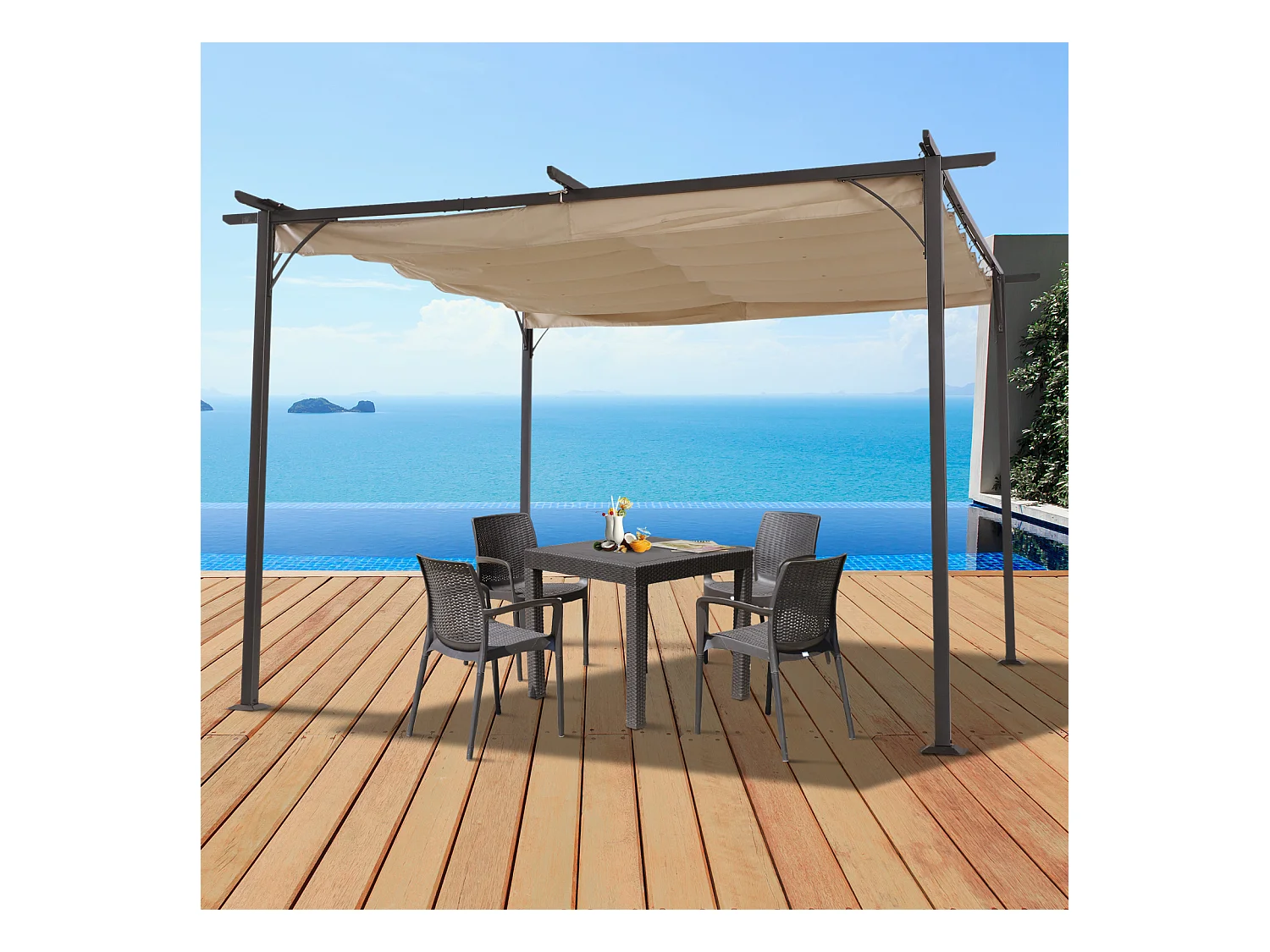 Pergola rétractable 3,5L x 3,5l x 2,30H m structure métal époxy anticorrosion noire + toile polyester haute densité 180 g/m² incluse beige