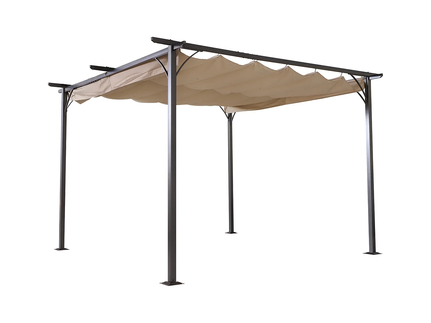 Pergola rétractable 3,5L x 3,5l x 2,30H m structure métal époxy anticorrosion noire + toile polyester haute densité 180 g/m² incluse beige