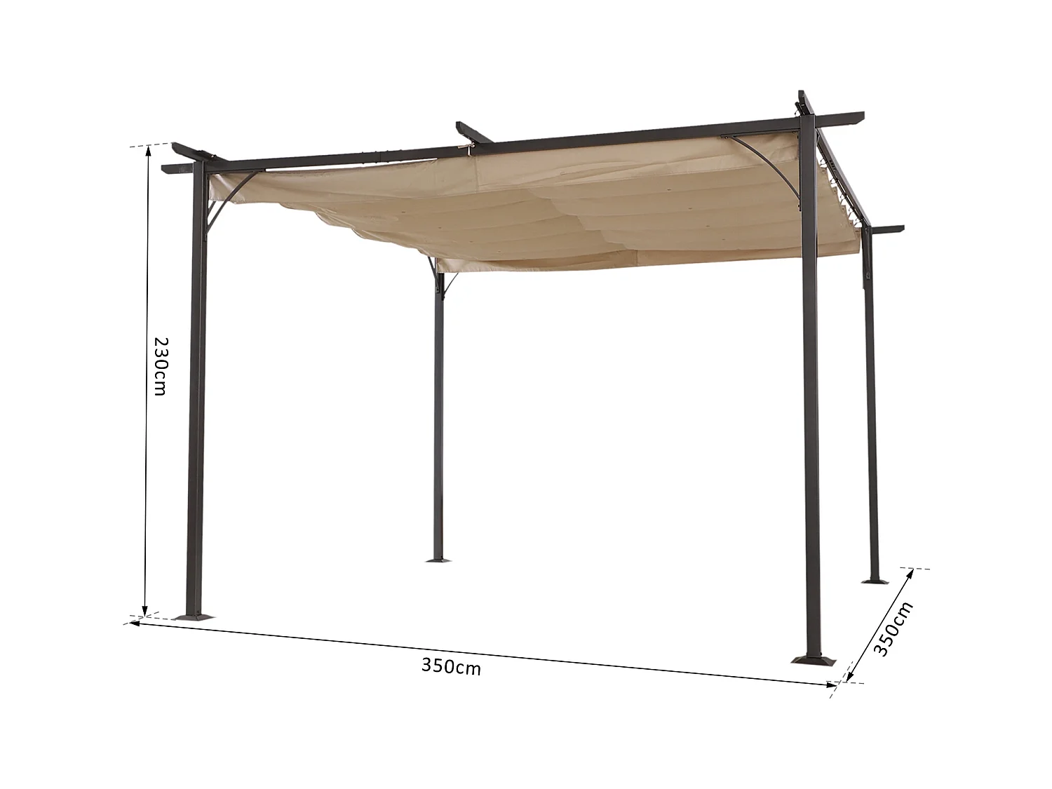 Pergola rétractable 3,5L x 3,5l x 2,30H m structure métal époxy anticorrosion noire + toile polyester haute densité 180 g/m² incluse beige