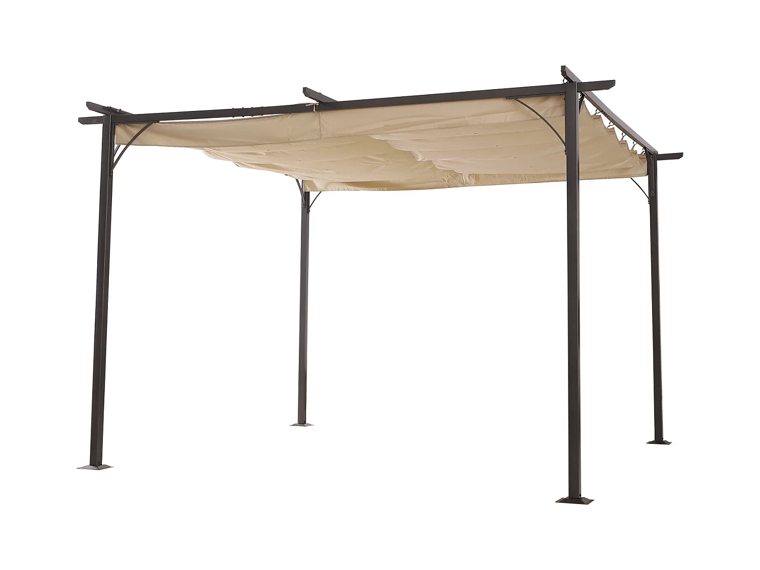 Pergola rétractable 3,5L x 3,5l x 2,30H m structure métal époxy anticorrosion noire + toile polyester haute densité 180 g/m² incluse beige