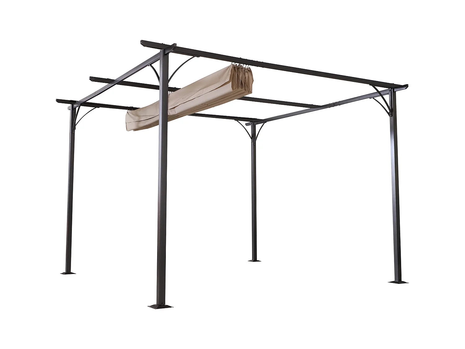Pergola rétractable 3,5L x 3,5l x 2,30H m structure métal époxy anticorrosion noire + toile polyester haute densité 180 g/m² incluse beige