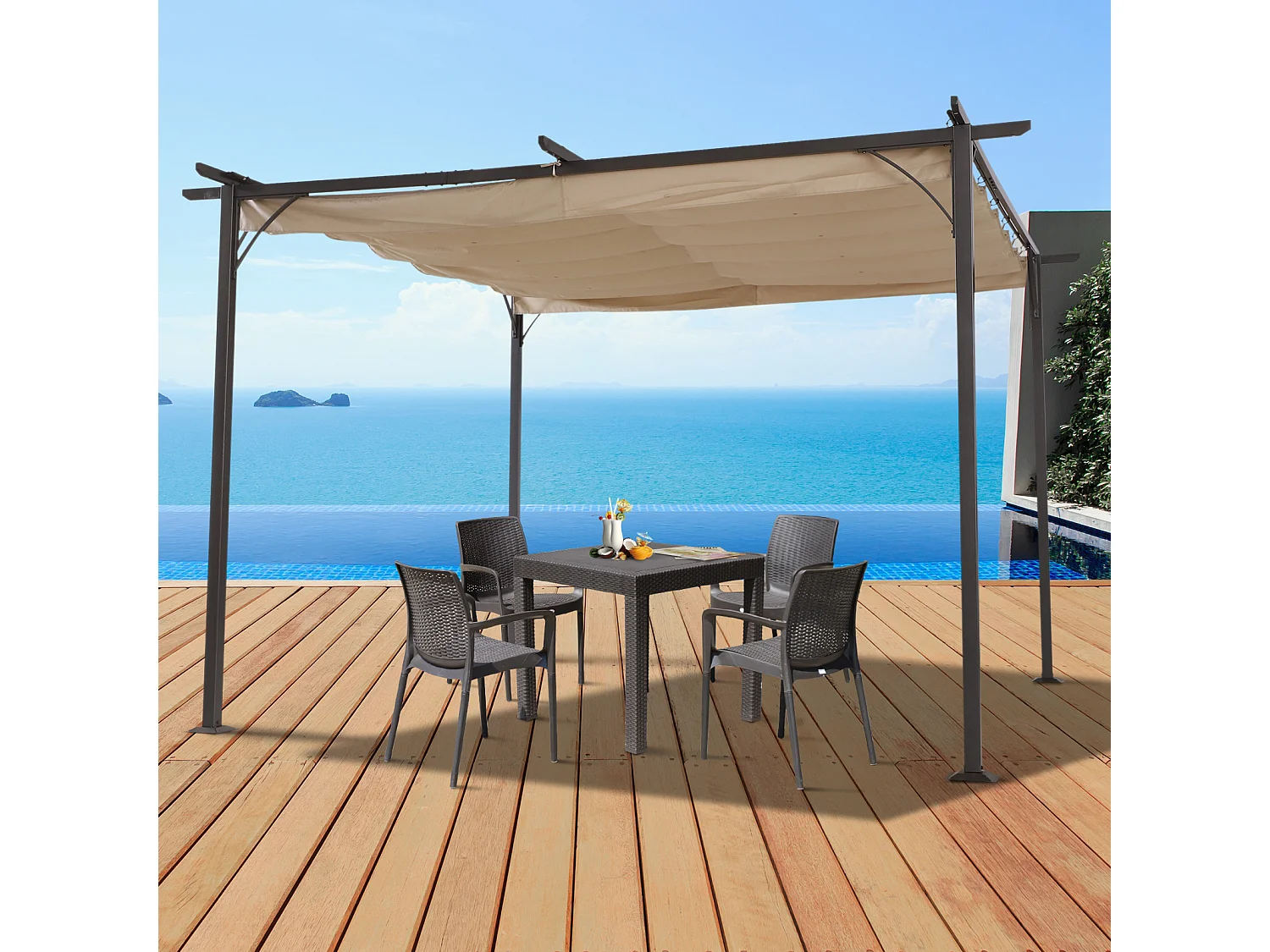 Pergola rétractable 3,5L x 3,5l x 2,30H m structure métal époxy anticorrosion noire + toile polyester haute densité 180 g/m² incluse beige
