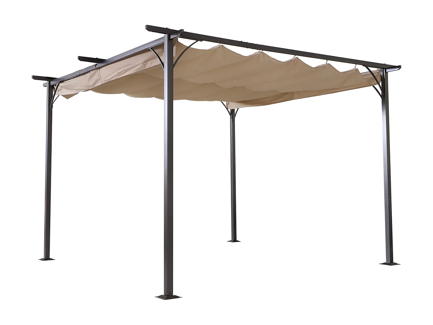 Pergola rétractable 3,5L x 3,5l x 2,30H m structure métal époxy anticorrosion noire + toile polyester haute densité 180 g/m² incluse beige