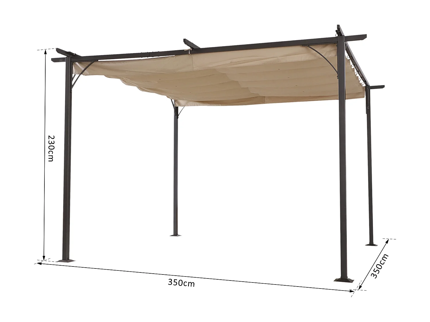 Pergola rétractable 3,5L x 3,5l x 2,30H m structure métal époxy anticorrosion noire + toile polyester haute densité 180 g/m² incluse beige