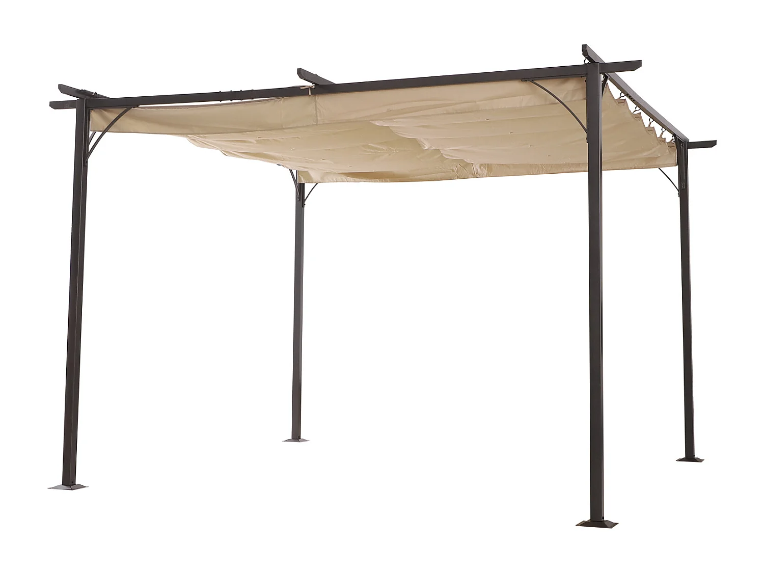 Pergola rétractable 3,5L x 3,5l x 2,30H m structure métal époxy anticorrosion noire + toile polyester haute densité 180 g/m² incluse beige