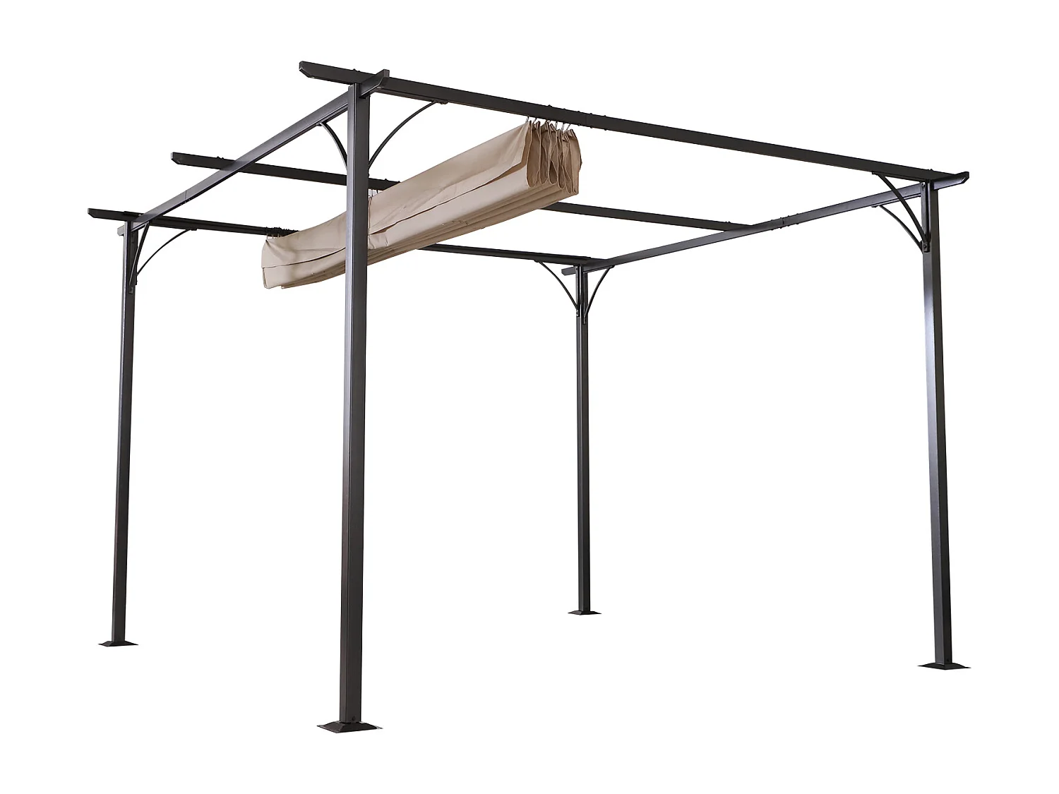 Pergola rétractable 3,5L x 3,5l x 2,30H m structure métal époxy anticorrosion noire + toile polyester haute densité 180 g/m² incluse beige