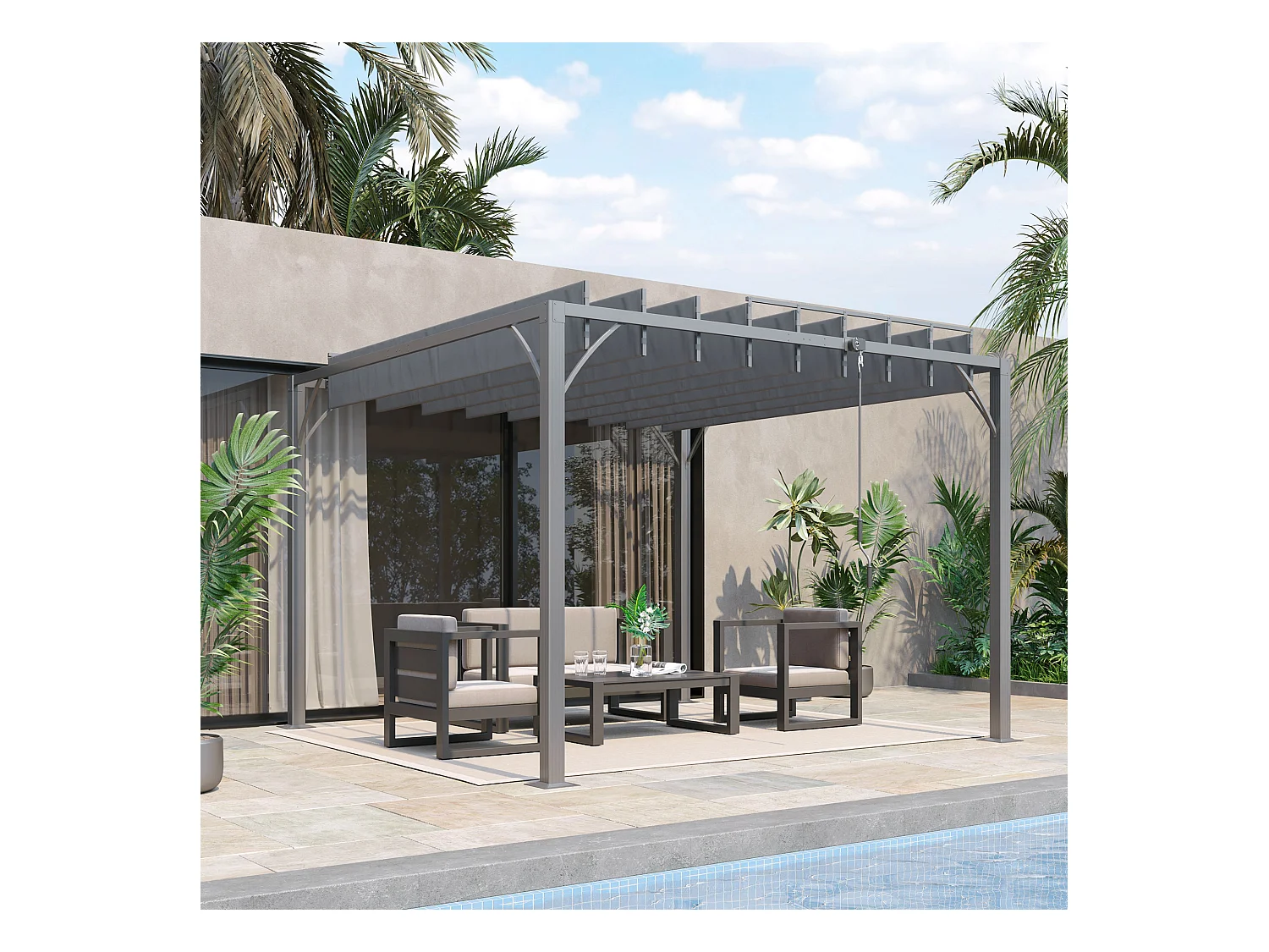Pergola lames orientables dim. 2,9L x 2,95l x 2,13H m structure alu. acier époxy polyester gris