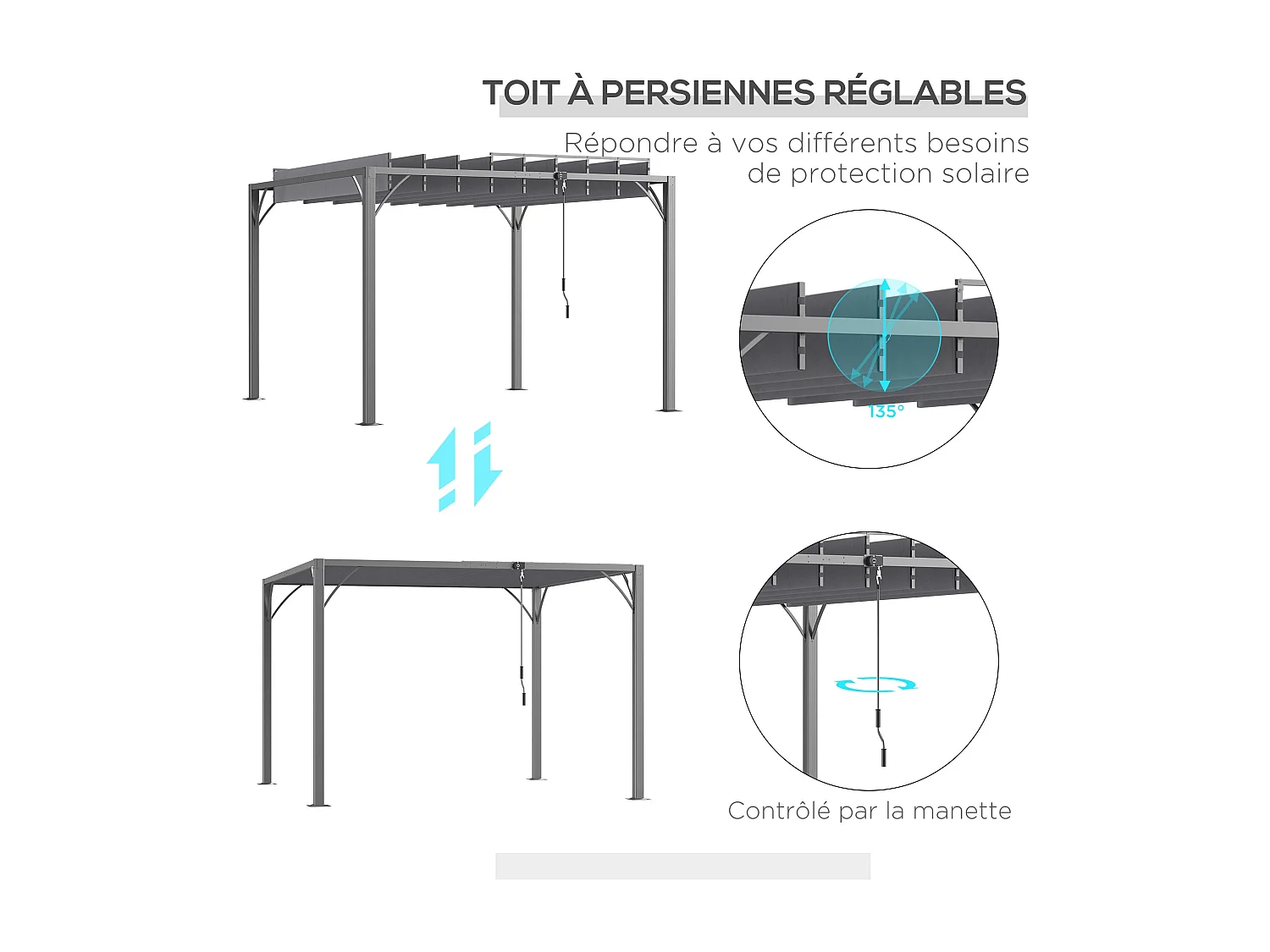 Pergola lames orientables dim. 2,9L x 2,95l x 2,13H m structure alu. acier époxy polyester gris