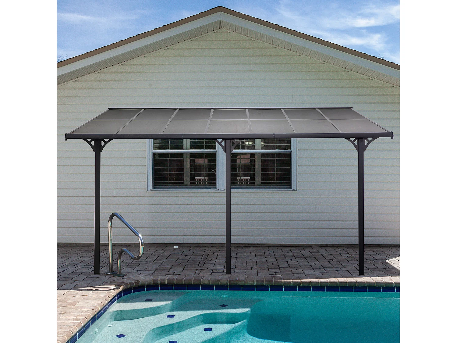 Pergola rigide alu. polycarbonate dim. 4,35L x 3l x 2,7H m pavillon de jardin adossable gris