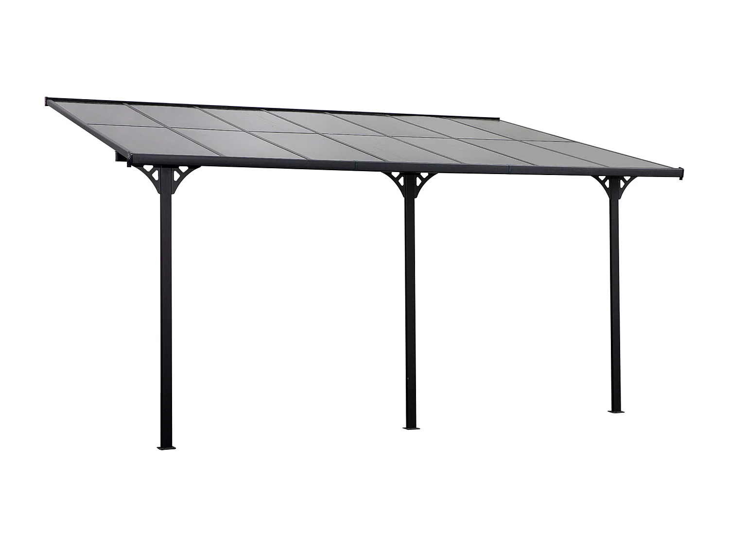 Pergola rigide alu. polycarbonate dim. 4,35L x 3l x 2,7H m pavillon de jardin adossable gris