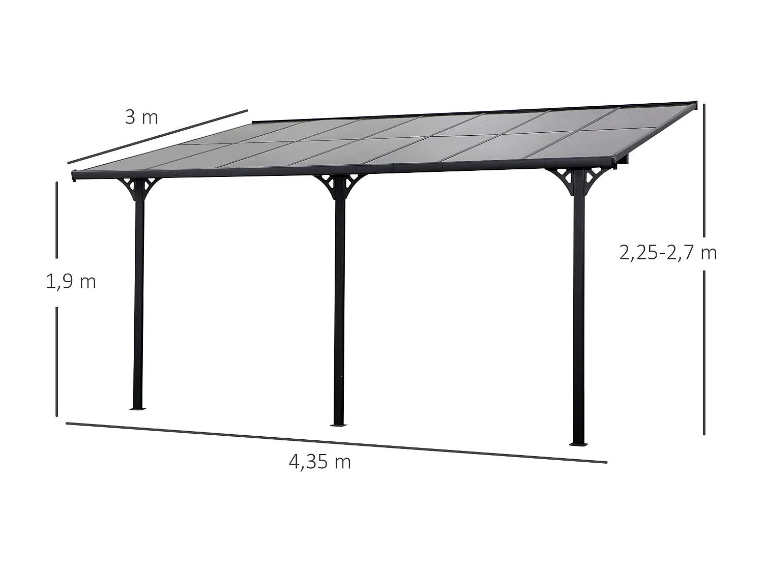 Pergola rigide alu. polycarbonate dim. 4,35L x 3l x 2,7H m pavillon de jardin adossable gris