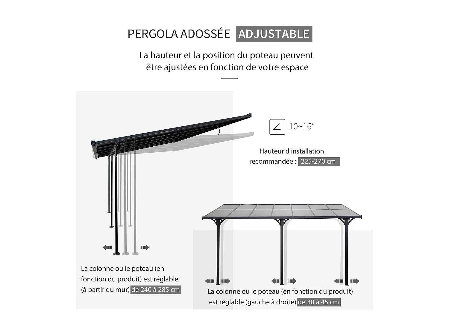 Pergola rigide alu. polycarbonate dim. 4,35L x 3l x 2,7H m pavillon de jardin adossable gris