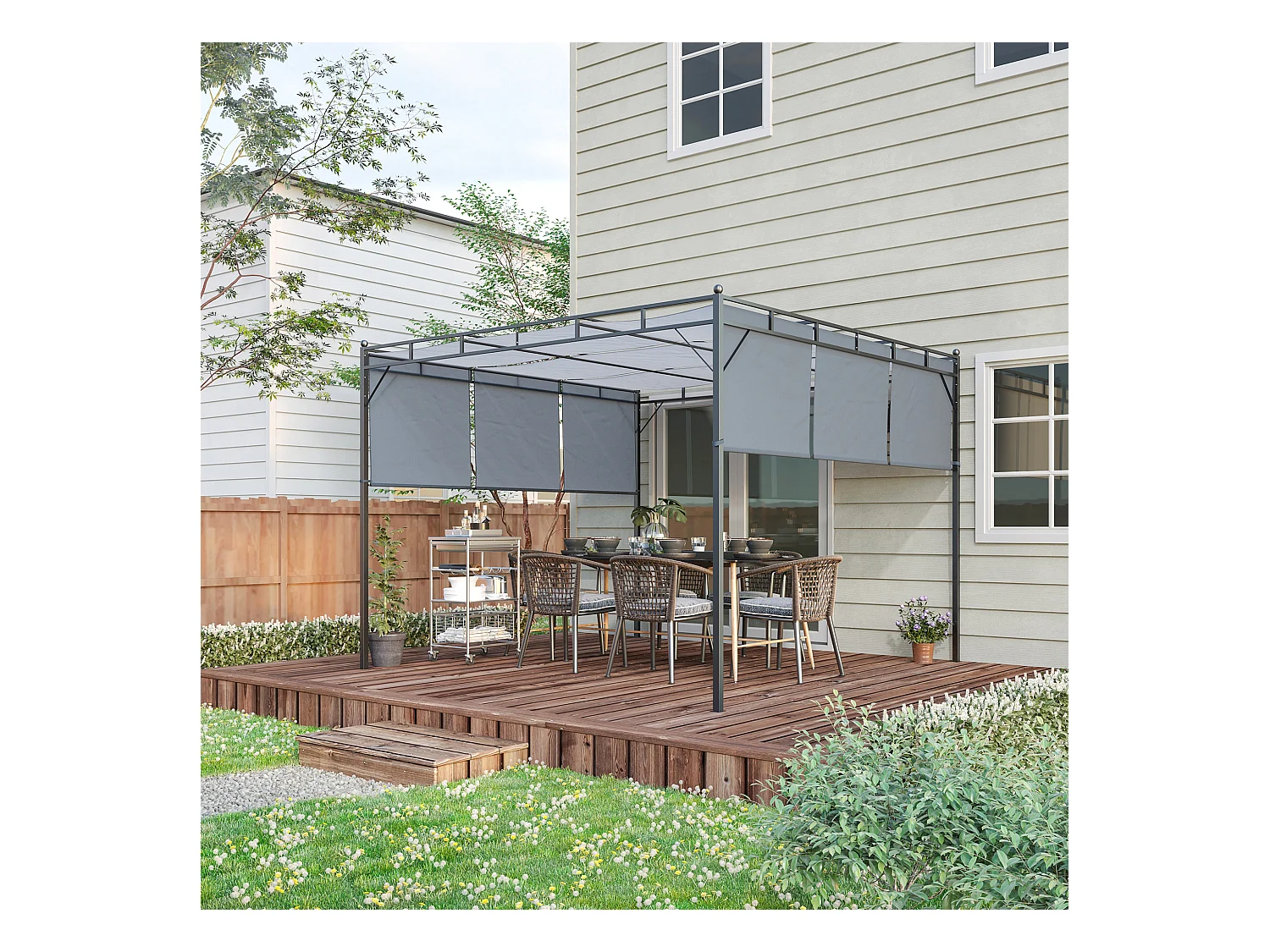 Pergola rétractable dim. 3L x 3l x 2,2H m structure acier époxy anticorrosion noir triple toile polyester haute densité gris