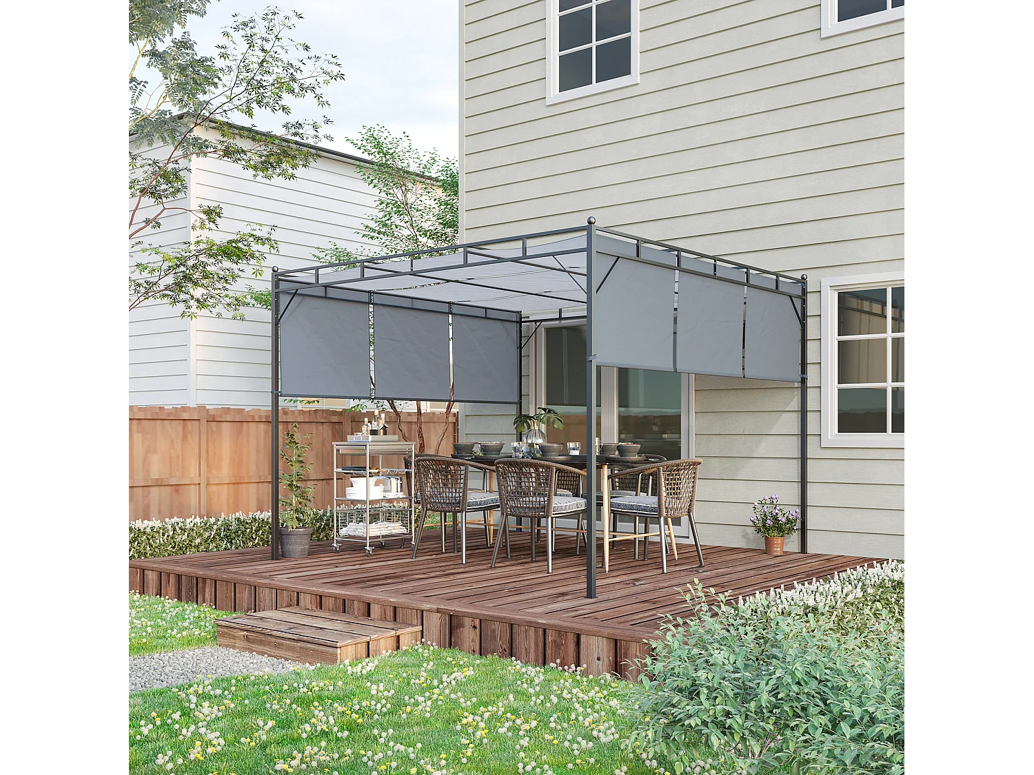 Pergola rétractable dim. 3L x 3l x 2,2H m structure acier époxy anticorrosion noir triple toile polyester haute densité gris