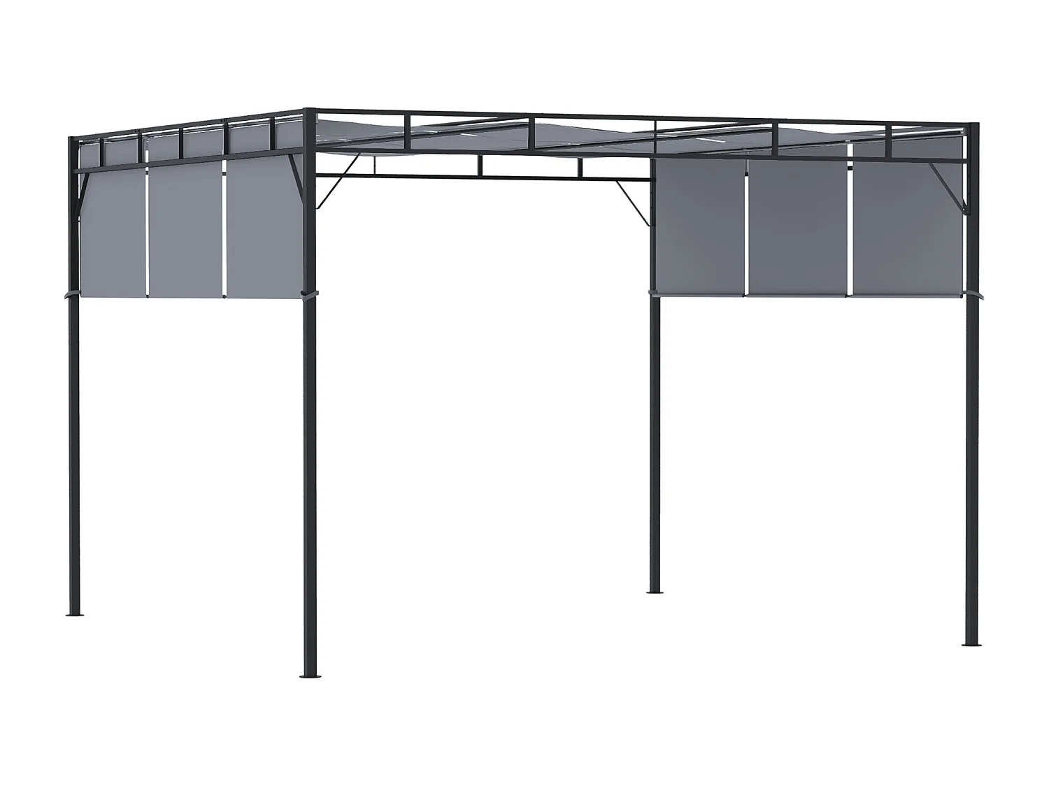 Pergola rétractable dim. 3L x 3l x 2,2H m structure acier époxy anticorrosion noir triple toile polyester haute densité gris