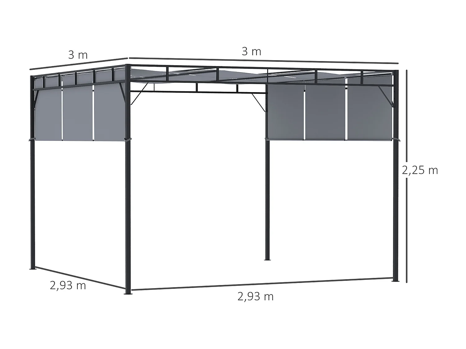Pergola rétractable dim. 3L x 3l x 2,2H m structure acier époxy anticorrosion noir triple toile polyester haute densité gris