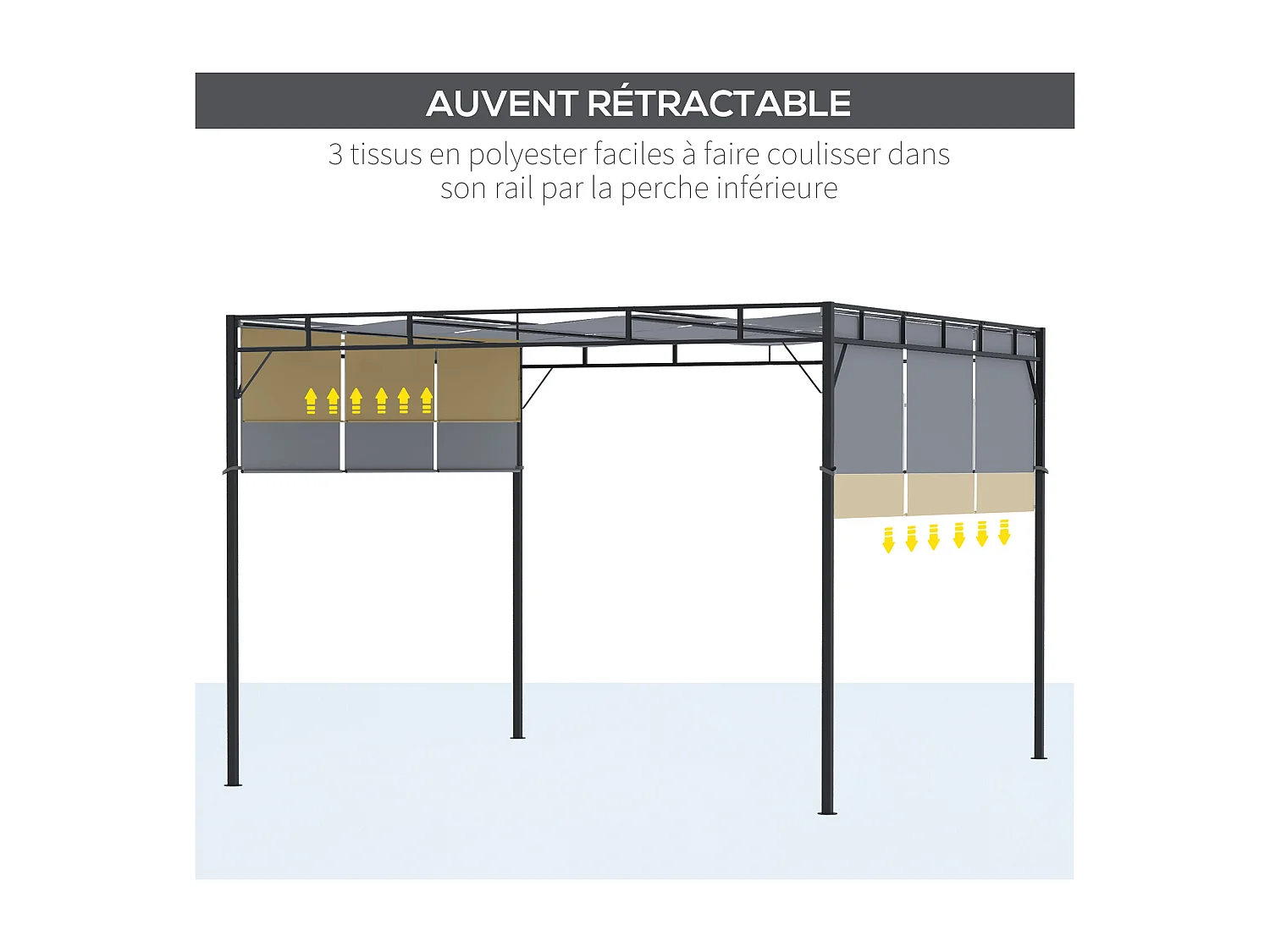 Pergola rétractable dim. 3L x 3l x 2,2H m structure acier époxy anticorrosion noir triple toile polyester haute densité gris