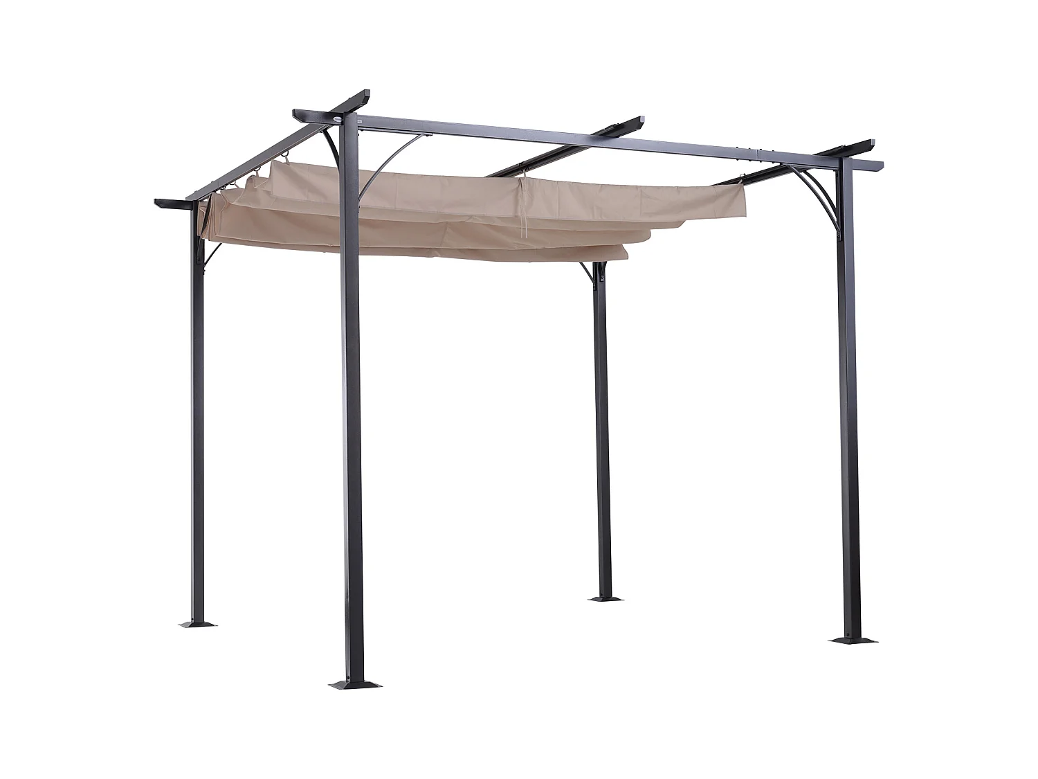 Pergola rétractable 3L x 3l x 2,30H m structure métal époxy anticorrosion noire + toile polyester haute densité 180 g/m² incluse beige