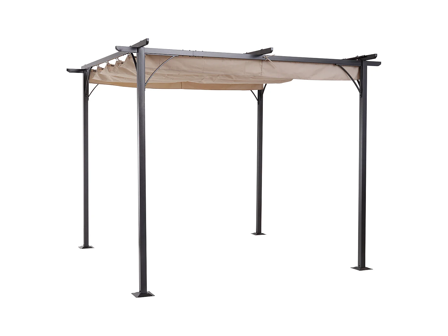 Pergola rétractable 3L x 3l x 2,30H m structure métal époxy anticorrosion noire + toile polyester haute densité 180 g/m² incluse beige