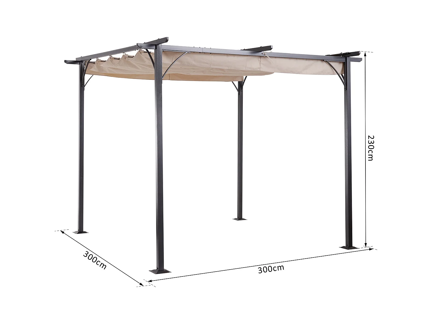 Pergola rétractable 3L x 3l x 2,30H m structure métal époxy anticorrosion noire + toile polyester haute densité 180 g/m² incluse beige