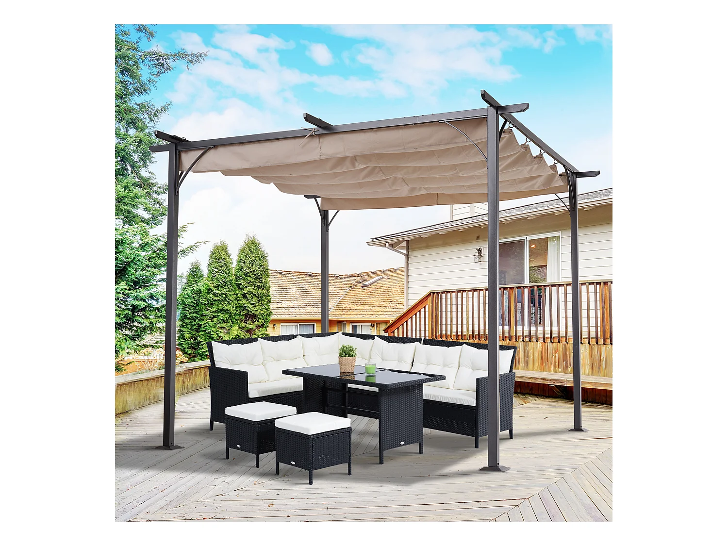 Pergola rétractable 3L x 3l x 2,30H m structure métal époxy anticorrosion noire + toile polyester haute densité 180 g/m² incluse beige