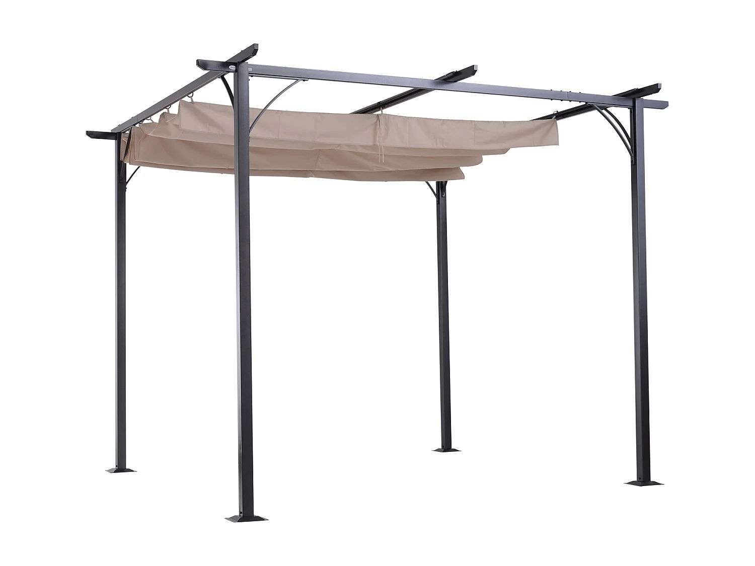 Pergola rétractable 3L x 3l x 2,30H m structure métal époxy anticorrosion noire + toile polyester haute densité 180 g/m² incluse beige