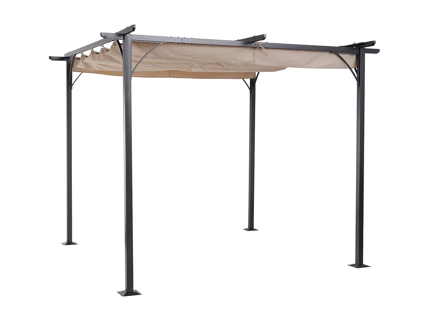 Pergola rétractable 3L x 3l x 2,30H m structure métal époxy anticorrosion noire + toile polyester haute densité 180 g/m² incluse beige