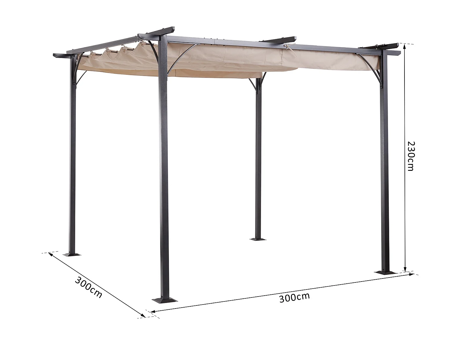 Pergola rétractable 3L x 3l x 2,30H m structure métal époxy anticorrosion noire + toile polyester haute densité 180 g/m² incluse beige