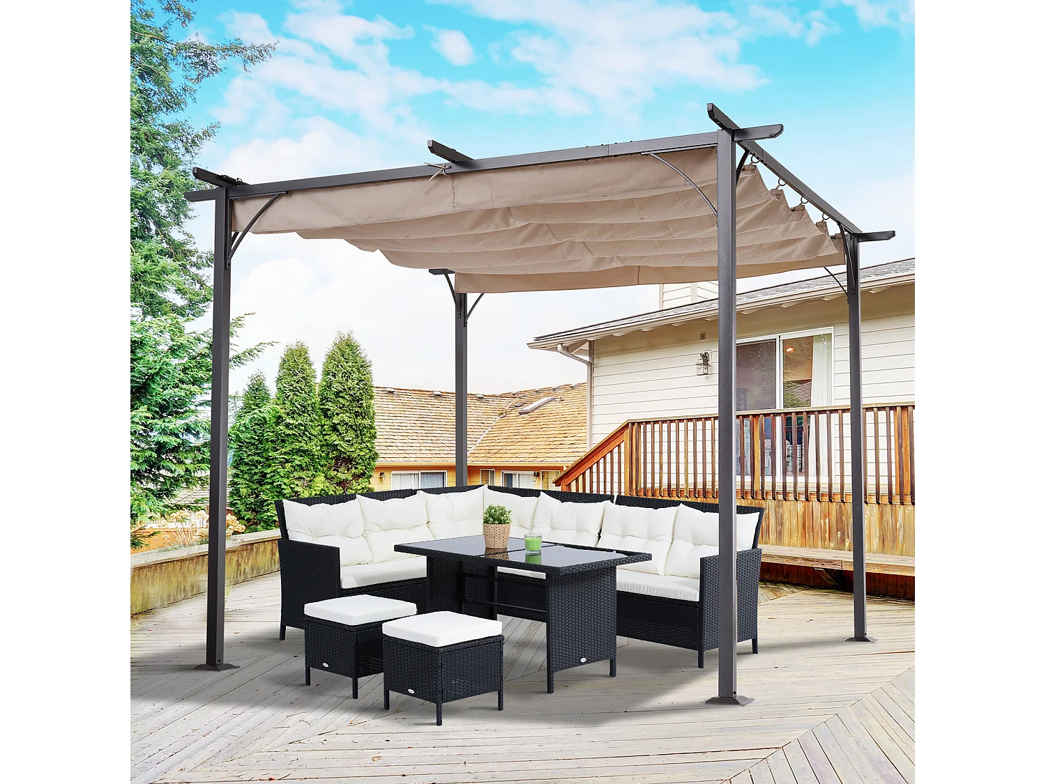 Pergola rétractable 3L x 3l x 2,30H m structure métal époxy anticorrosion noire + toile polyester haute densité 180 g/m² incluse beige