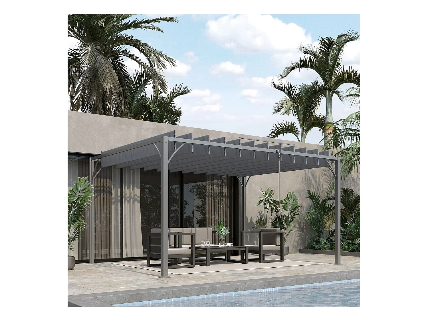 Pergola lames orientables dim. 3,9L x 2,95l x 2,13H m structure alu. acier époxy polyester gris
