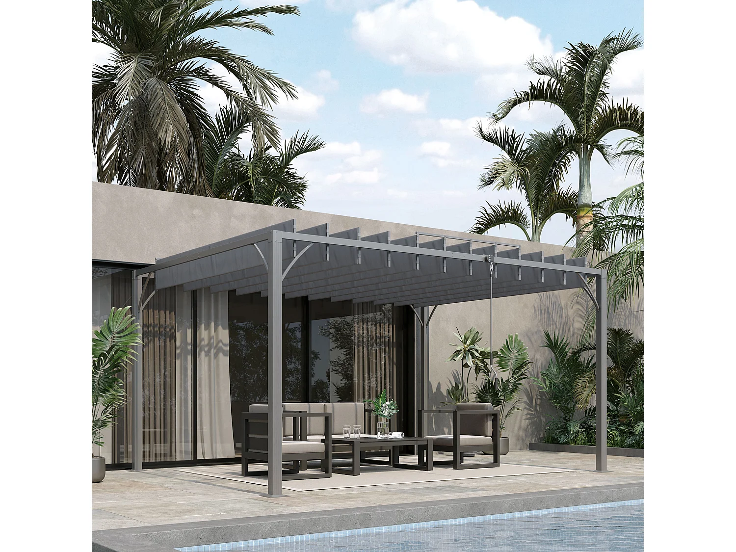 Pergola lames orientables dim. 3,9L x 2,95l x 2,13H m structure alu. acier époxy polyester gris